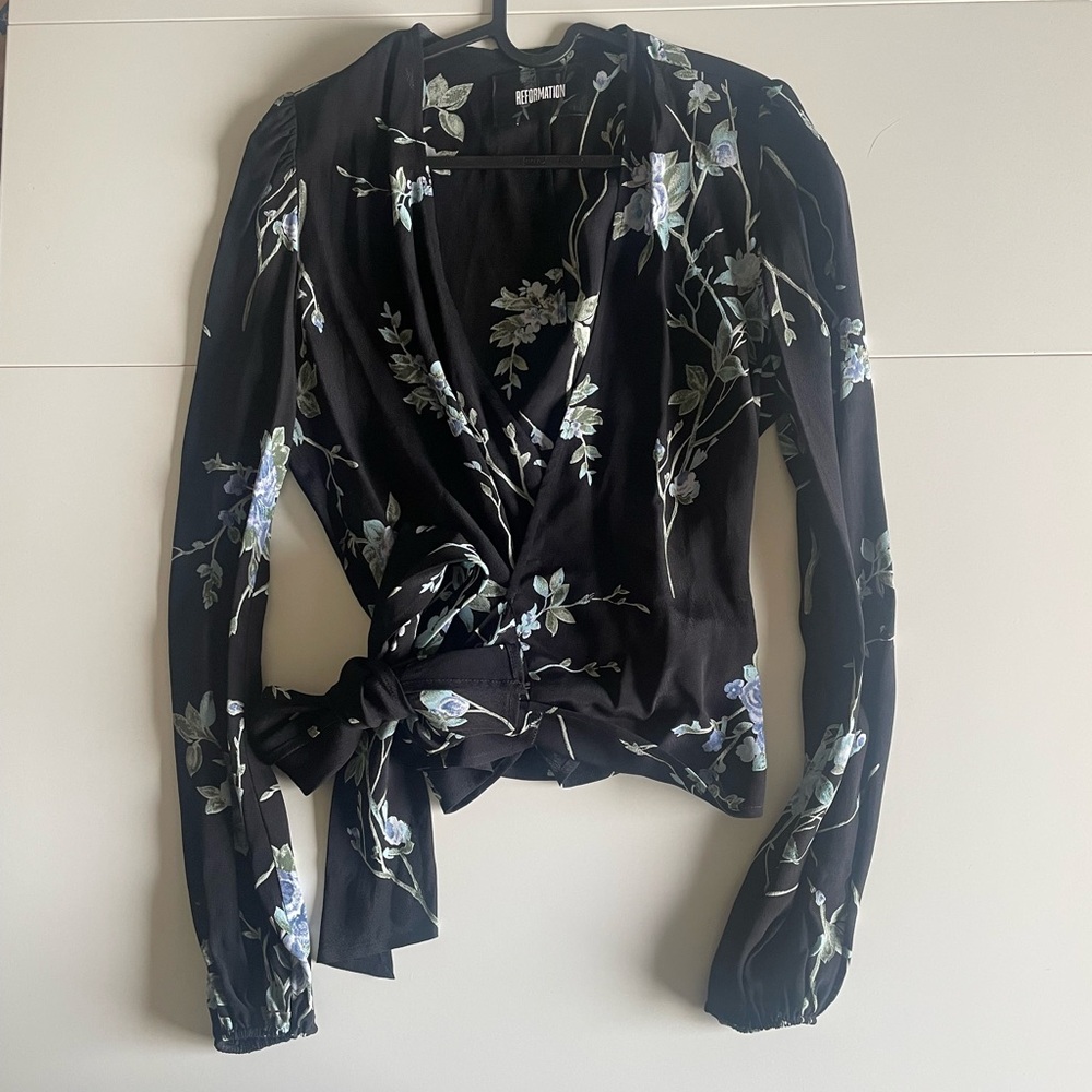 Reformation Black Blouse with Floral Pattern